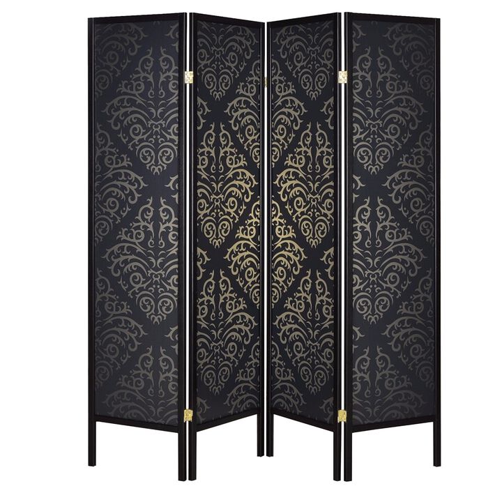 Captivating Four Panel Folding Screen With Damask Print, Black - Benzara