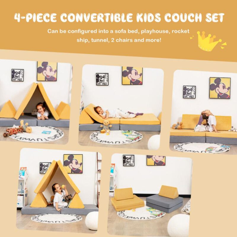 Hivvago 4 Pieces Convertible Kids Couch Set with 2 Folding Mats
