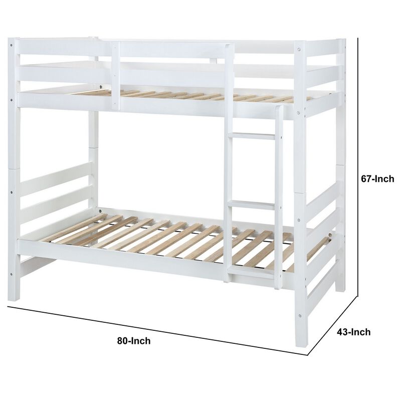 Wooden Twin Over Twin Bunk Bed with Attached Ladder, White-Benzara
