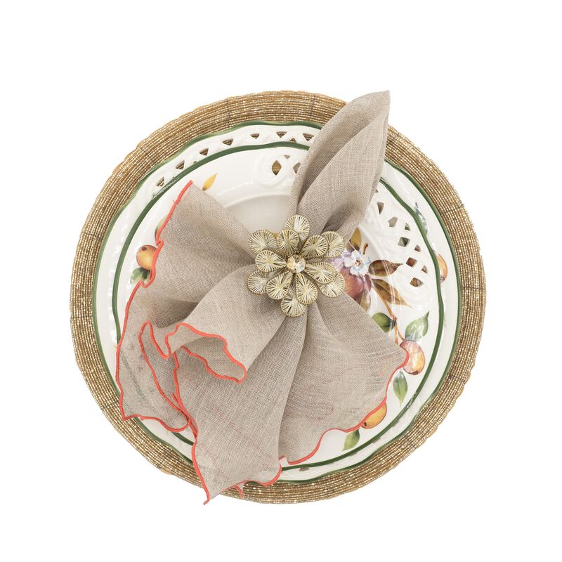 Linen Napkins With Orange Ruffled Edges, Set Of 4