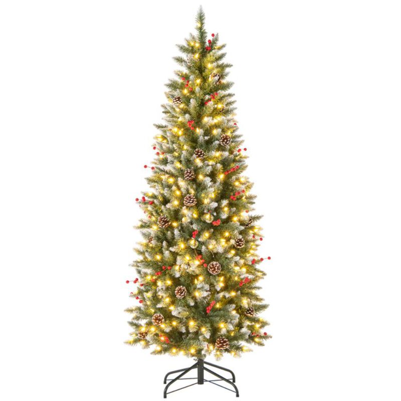 Hivvago Pre-lit Artificial Pencil Christmas Tree with Pine Cones and Red Berries