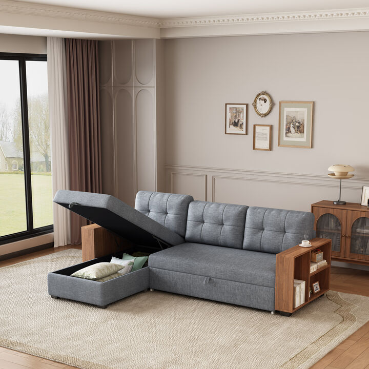 Merax Upholstered Pull Out Sectional Sofa with Storage Chaise