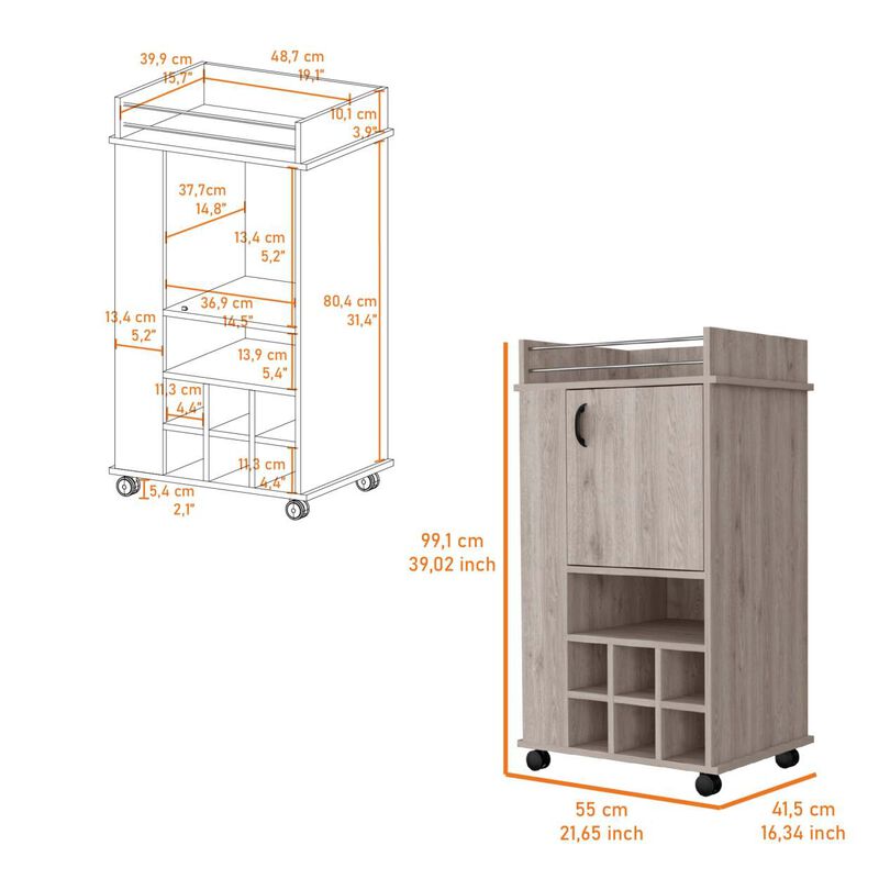 Allandale 1-Door Bar Cart With Wine Rack And Casters Light Gray