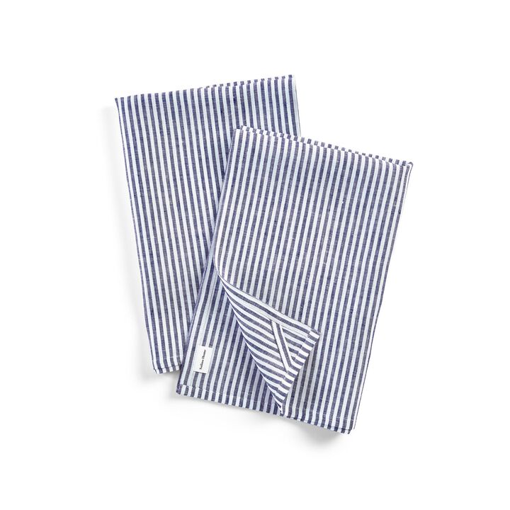Solino Home 100% Pure Linen Kitchen Towels Set of 2 - 17 x 26 Inch | Narrow Stripe