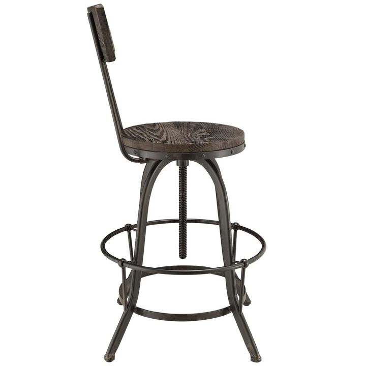 Modway Procure Industrial Modern Wood and Iron Adjustable Height Swivel Bar Stool in Black