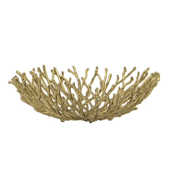 14 Inch Decorative Bowl, Aluminum, Tree Branch Design, Gold - Benzara