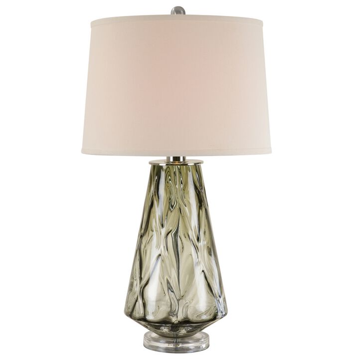 31 Inch Accent Table Lamp with White Drum Shade, Rippled Gray Glass Base - Benzara