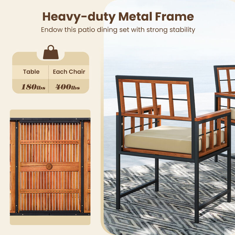 7 Pieces Patio Acacia Wood Dining Set with Soft Cushions and Umbrella Hole