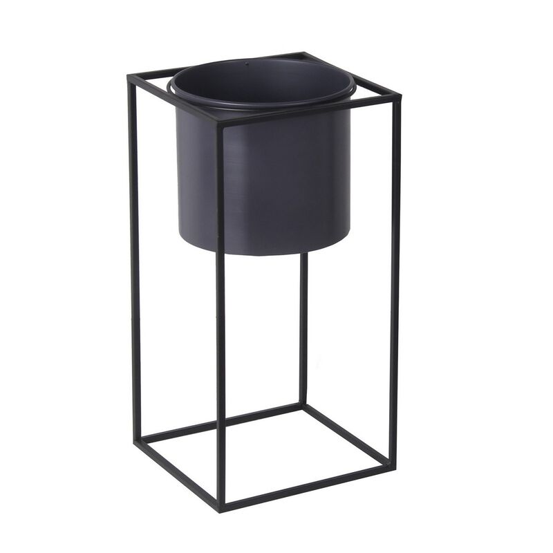 Metal Round Planter with Square Base, Set of 2, Black and Gray