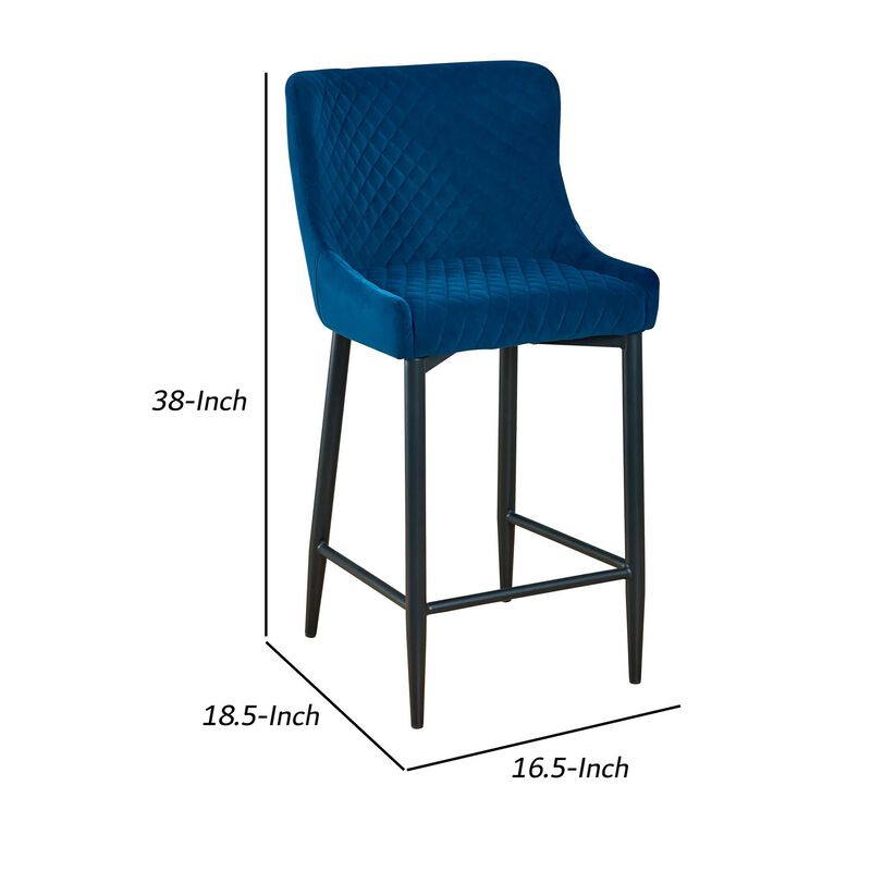Tika 26 Inch Counter Height Chair, Set of 2, Deep Blue Velvet  - Benzara
