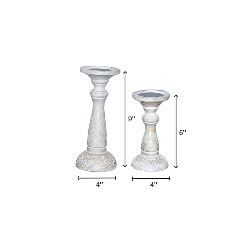 Traditional Gray Wash Eco-friendly Handmade Mango Wood Set Of Two 6" & 9" Pillar Candle Holder BBH Homes