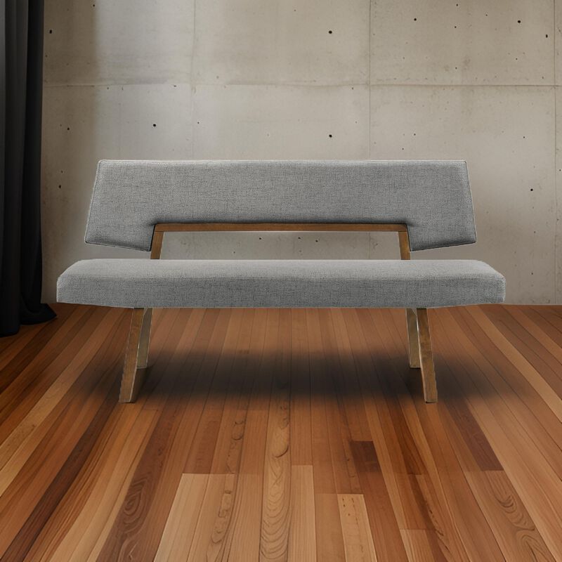 Yumi 63 Inch Dining Bench, Seat and Back with Charcoal Fabric, Walnut  - Benzara