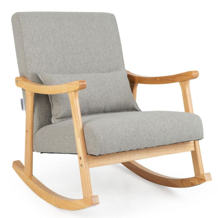 Hivvago Upholstered Rocking Chair with Pillow and Rubber Wood Frame-Gray