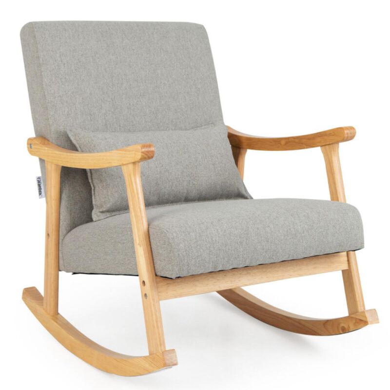 Hivvago Upholstered Rocking Chair with Pillow and Rubber Wood Frame-Gray