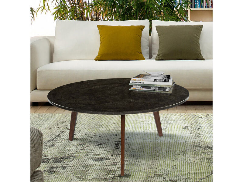 Stella 31" Round Italian Black Marble Coffee Table with Walnut Legs