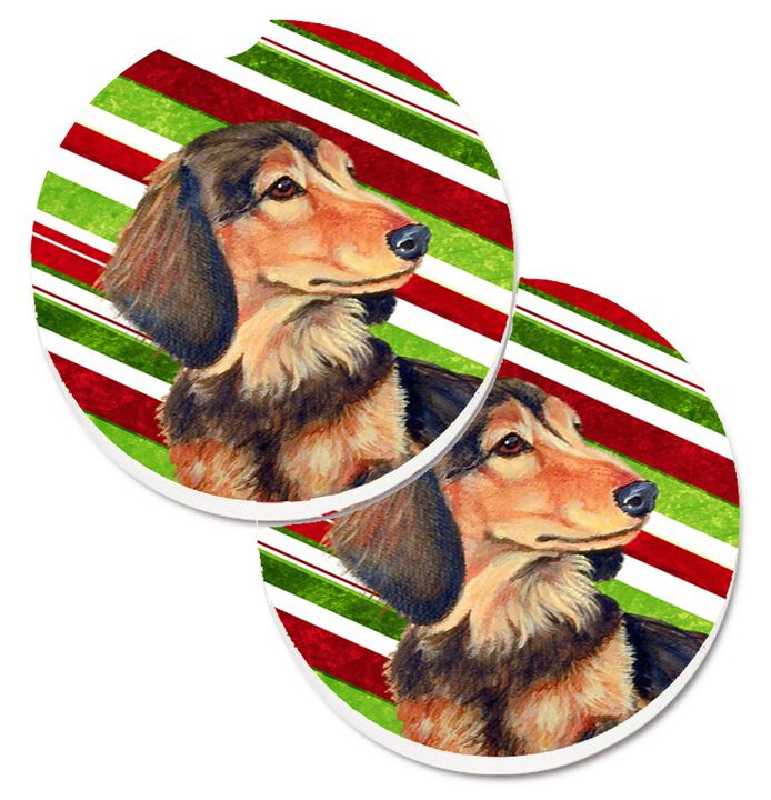 Caroline's Treasures Dachshund Candy Cane Holiday Christmas Set of 2 Cup Holder Car Coasters LH9256CARC, 2.56, Multicolor