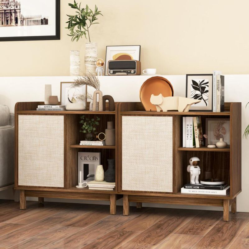 Hivvago Rattan Buffet Sideboard Mid Century Floor Storage Cabinet with Sliding Door and Adjustable Shelves