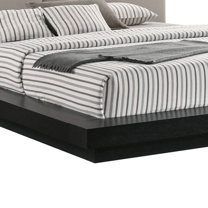 Nia Queen Size Bed, Gray Faux Leather, Black Layered Low Profile Frame - Benzara