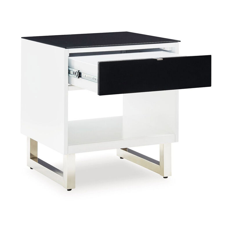 Tonny Side End Table, Drawer and Shelf, Black Glass, White, 22 Inch - Benzara