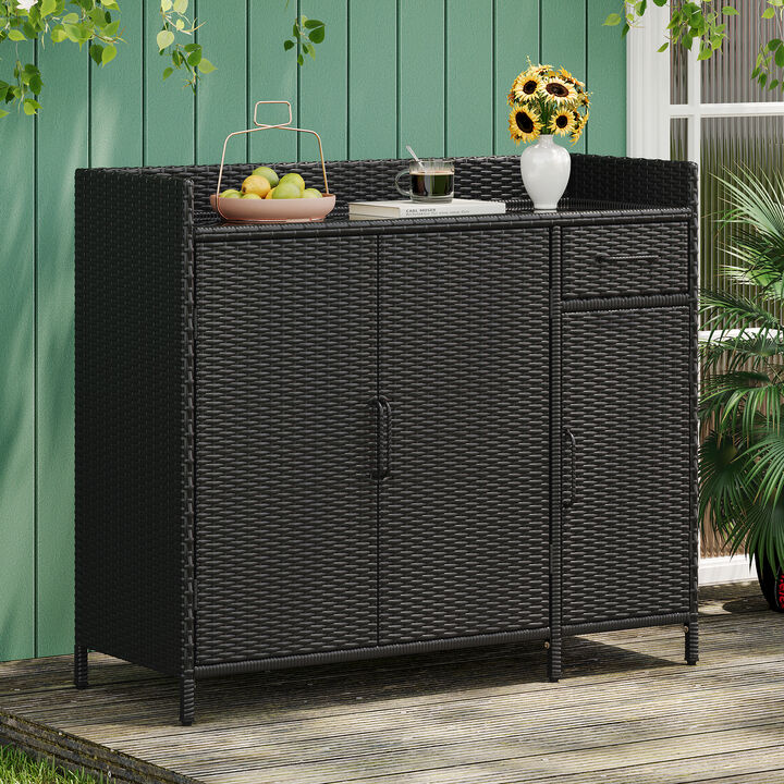 Merax Wicker Outdoor Storage Cabinet with Tempered Glass