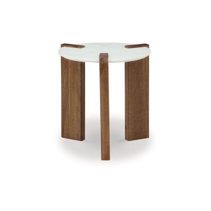 Wrenn Side End Table, Round White Marble Top, 20 Inch Brown Mango Wood - Benzara