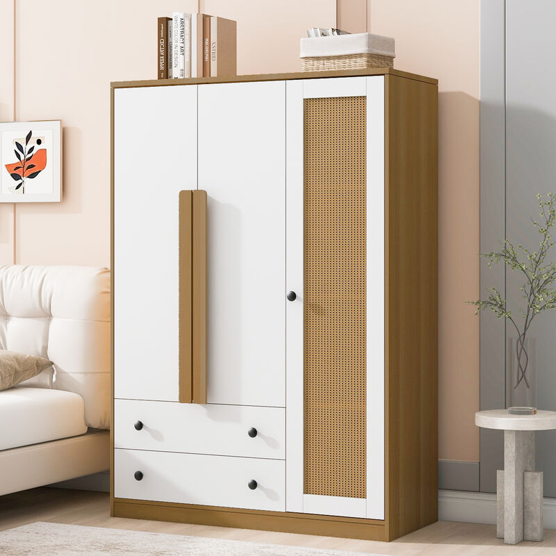 Merax 3-Doors Wooden Rattan Wardrobe with 2 Drawers