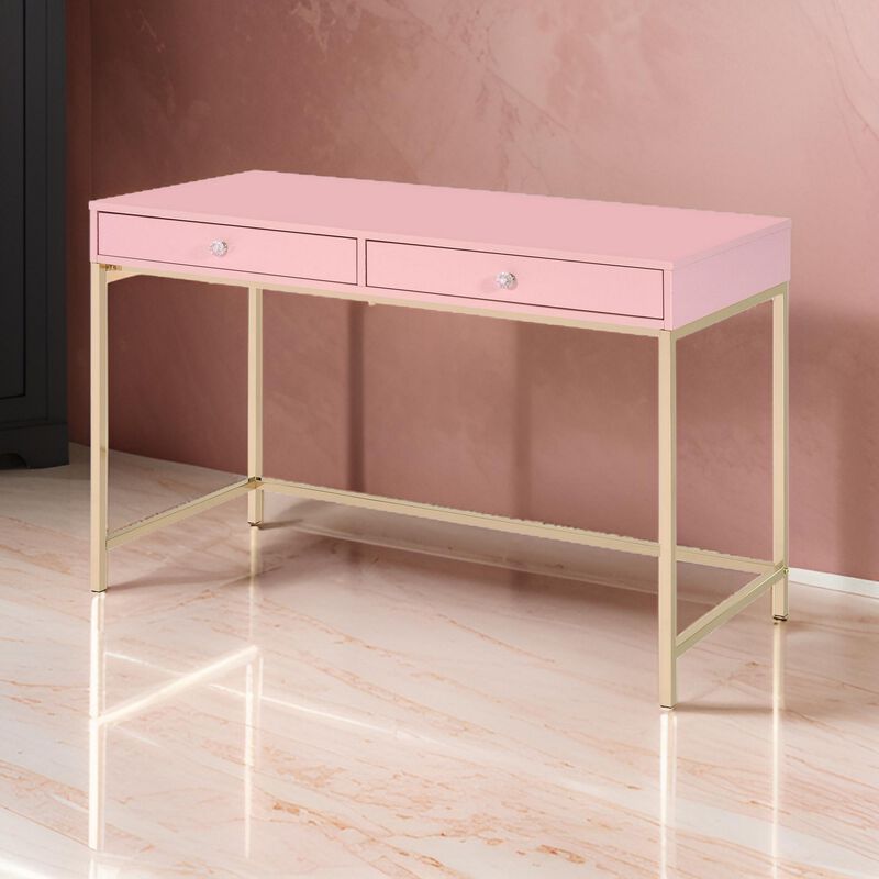Writing Desk with 2 Storage Compartments, Pink and Gold-Benzara