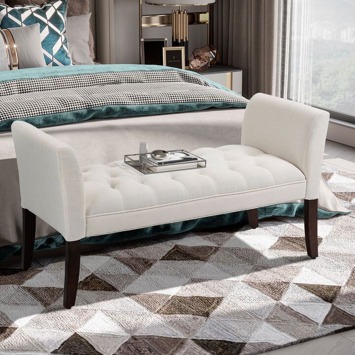 Cream White Bed Seating: Tufted Bench with Arms & Solid Wood Legs