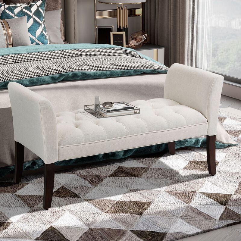 Cream White Bed Seating: Tufted Bench with Arms & Solid Wood Legs