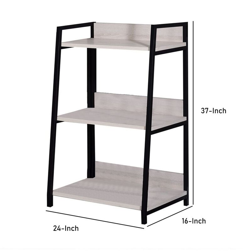 Wooden Bookshelf with 3 Open Compartments, Washed White and Black-Benzara