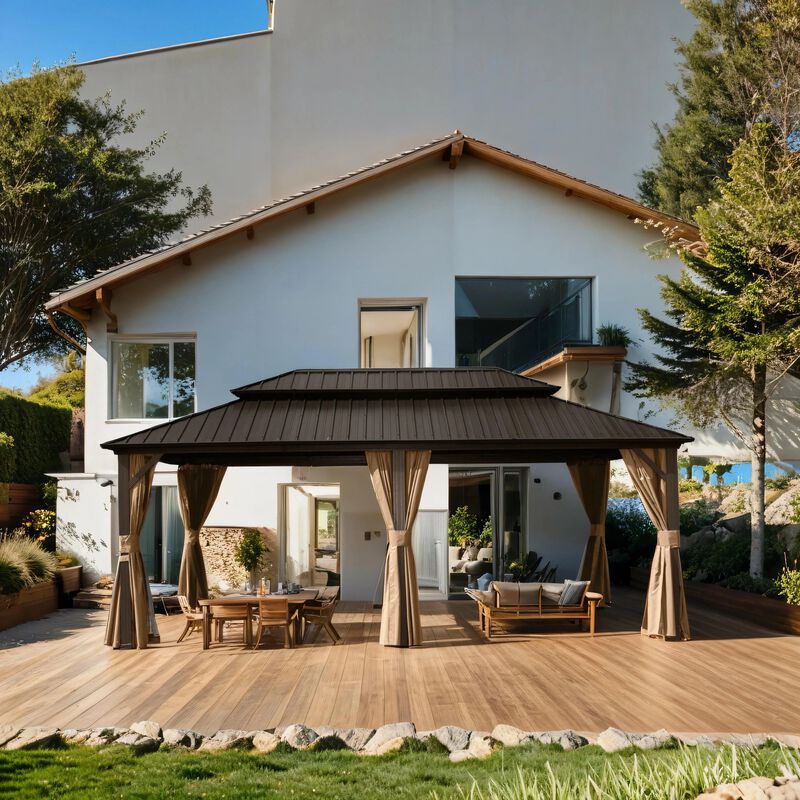 MONDAWE 12ft X 18ft Aluminum Outdoor Hardtop Gazebo with Curtain & Netting Permanent Galvanized Steel Double Roof Pavilion for Patio Wedding, Backyard Dining Space, Deck, Lawn