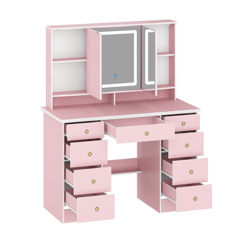 FUFU&GAGA 43.3" Pink Makeup Vanity with LED Mirror, 9 Drawers and Adjustable Storage (43.3" W x 53.9" H x 19.7" D),Pink
