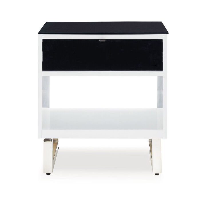 Tonny Side End Table, Drawer and Shelf, Black Glass, White, 22 Inch - Benzara