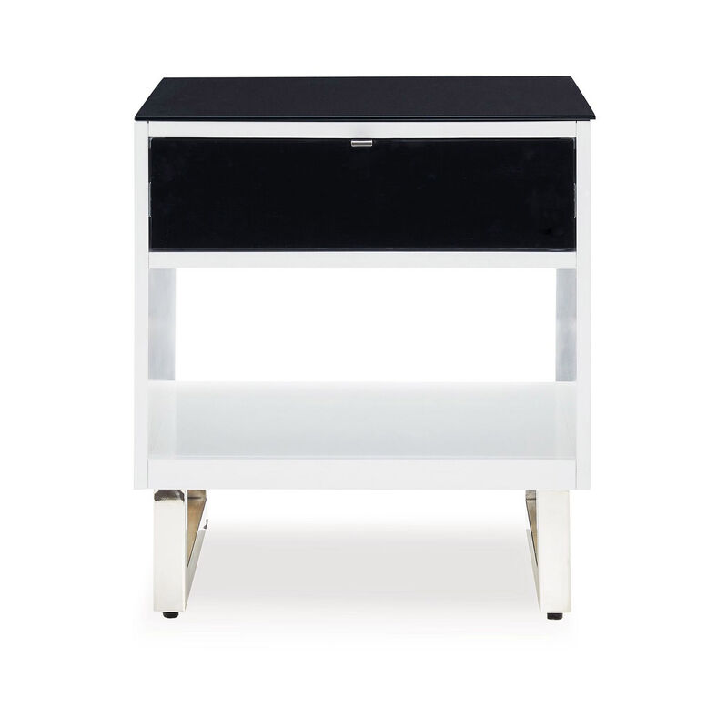 Tonny Side End Table, Drawer and Shelf, Black Glass, White, 22 Inch - Benzara