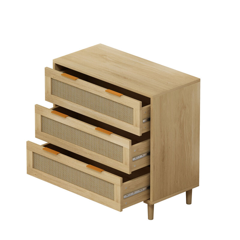 31.5"Oak 3-Drawer Rattan Storage Cabinet for Any Room