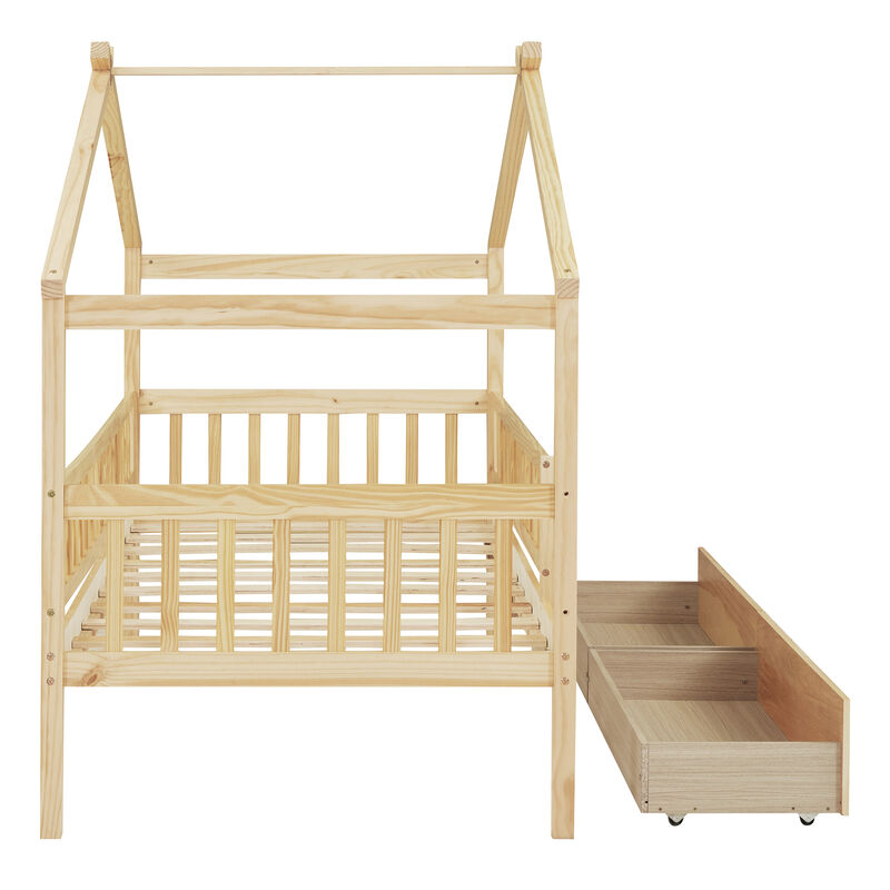 Merax Twin Size Wooden House Bed with 2 Drawers