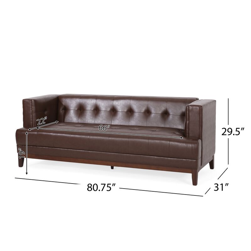 Alio Sofa, 3 Seater, 81 Inch, Tuxedo Arms, Tufted Brown Faux Leather - Benzara