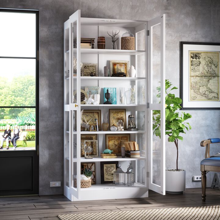 70.9 in. H White Wood 2-Glass Door Accent Cabinet with 6-Tier Shelves Kitchen Pantry Cupboard Storage Cabinet