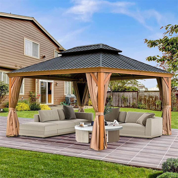 MONDAWE 12x14ft Hardtop Gazebo, Wooden Coated Aluminum Frame Canopy with Galvanized Steel Double Roof, Outdoor Permanent Metal Pavilion with Curtains and Netting for Patio, Deck and Lawn(Wood-Looking)