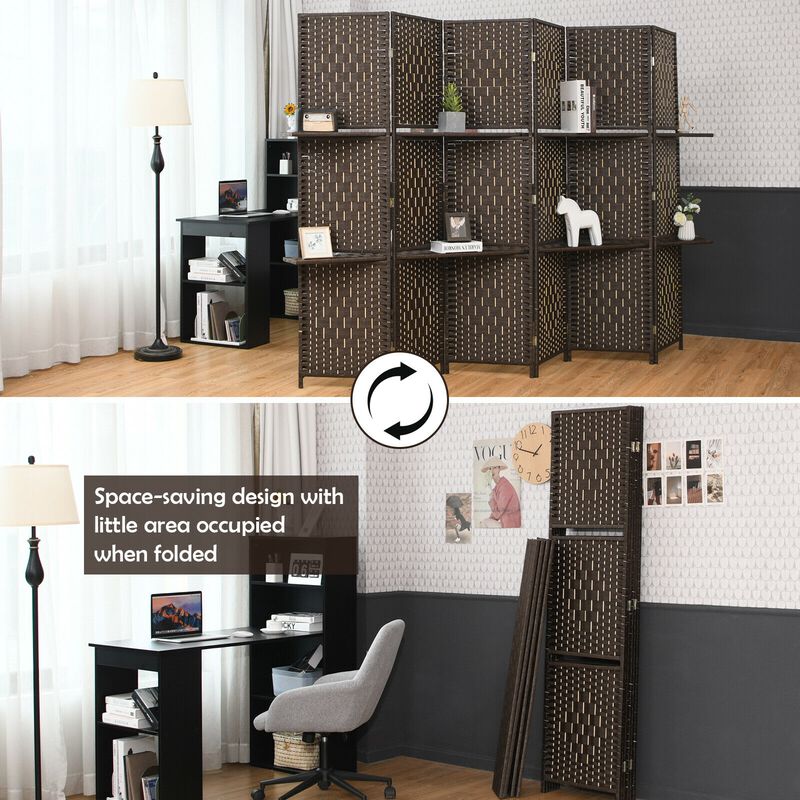6 Panel Folding Weave Fiber Room Divider With 2 Display Shelves