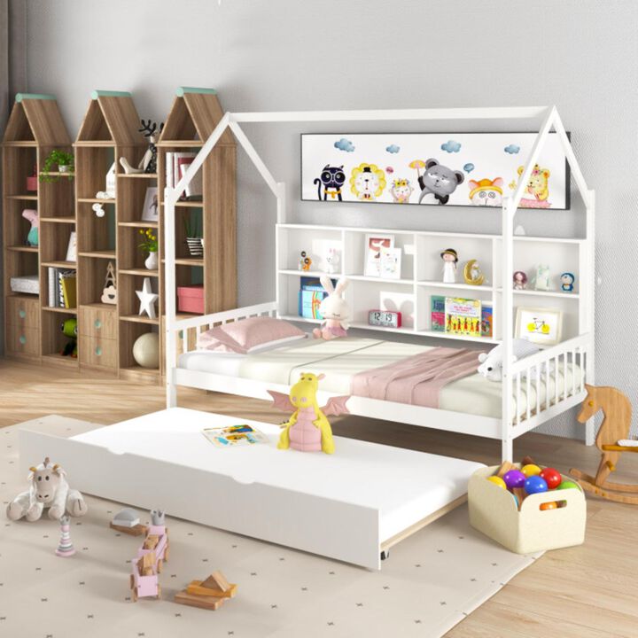 Hivvago Twin Size Kids Montessori Daybed with Roof and Shelf Compartments-White
