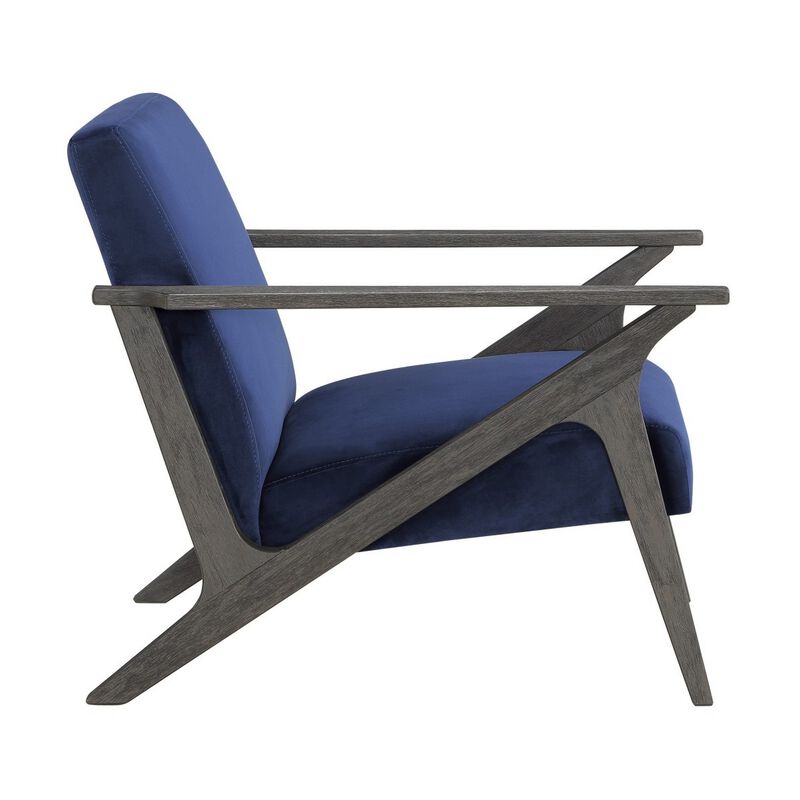 Esme 35 Inch Accent Chair Wood Armchair, Blue Velvet Cushioned Seat, Gray - Benzara