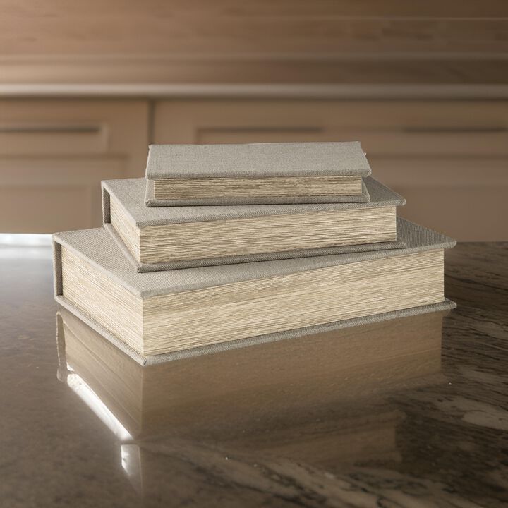 Jolly Decor Storage Book Box Set of 3, Beige Linen, Black Velvet Lining - Benzara