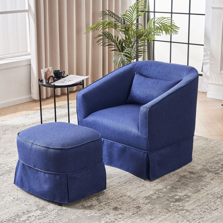 Blue Swivel Barrel Chair Set with Ottoman & Metal Base