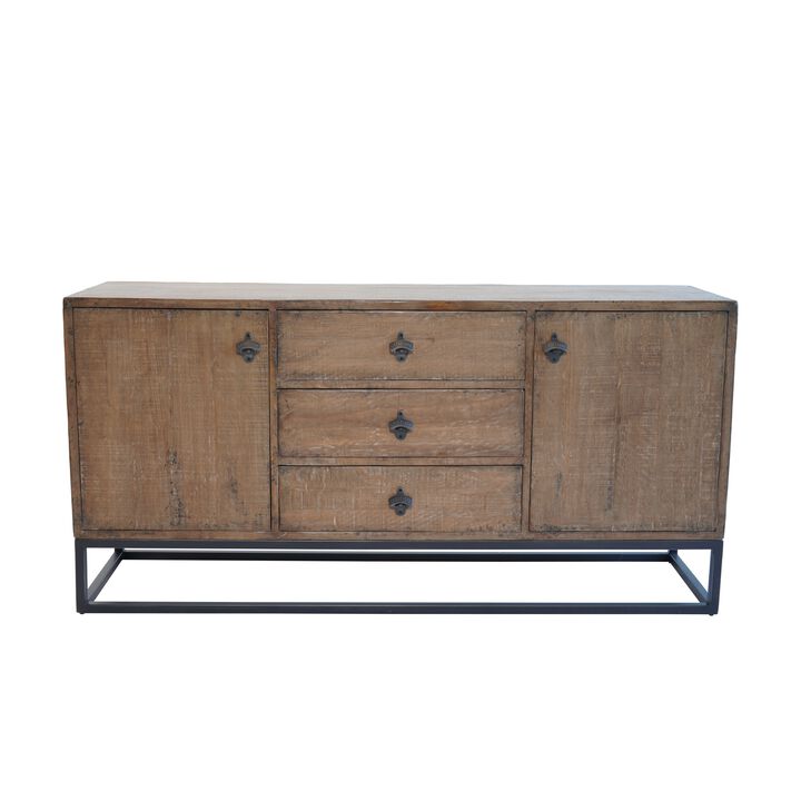 Wery Sideboard Cabinet Console, 2 Doors, Iron 65 Inch Natural Brown - Benzara