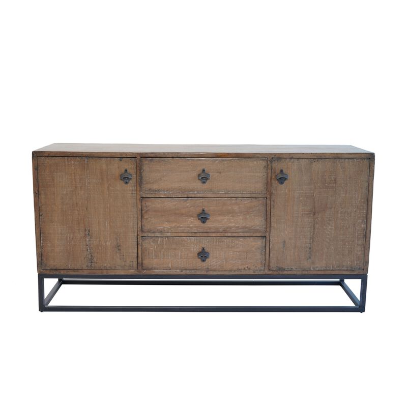 Wery Sideboard Cabinet Console, 2 Doors, Iron 65 Inch Natural Brown - Benzara