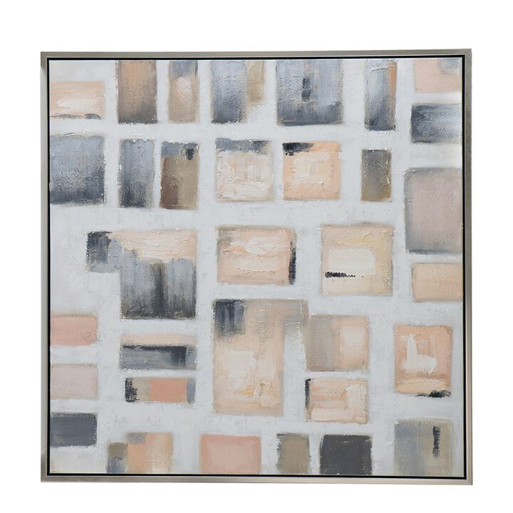 39 x 39 Framed Handpainted Wall Art, Cornerstone Square, Canvas, White Gray - Benzara