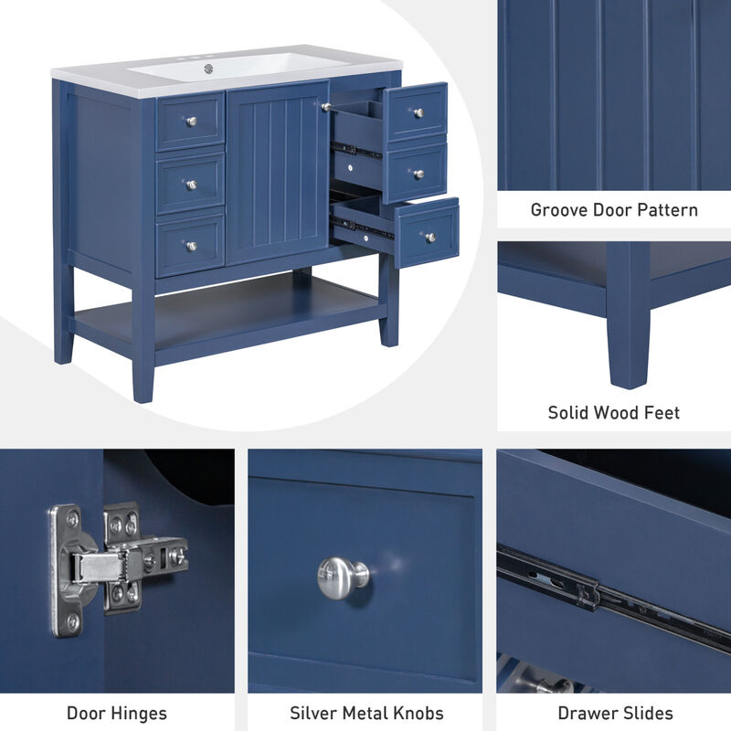 36" Bathroom Vanity Without Sink, Cabinet Base Only, One Cabinet And Three Drawers