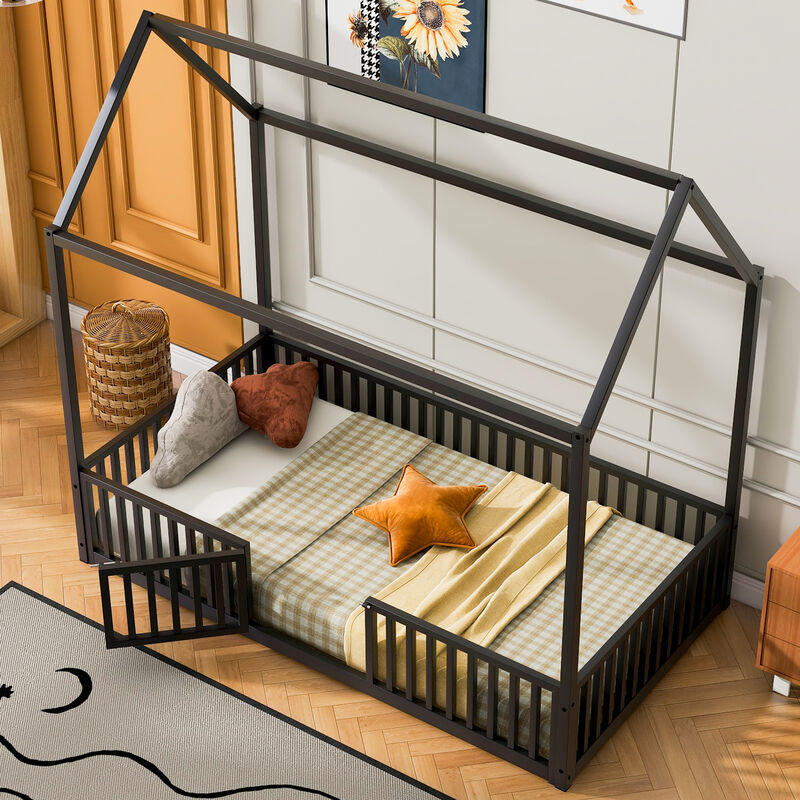 Merax Metal House Bed with Fence and Door