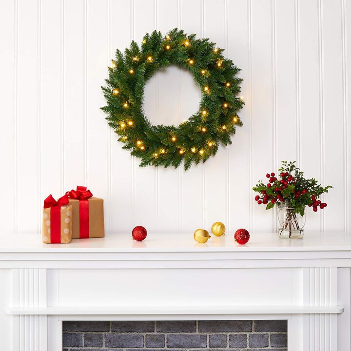Hivvago 24" Green Pine Artificial Christmas Wreath with 35 Clear LED Lights